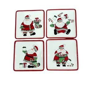 Fitz & Floyd Snack Plate Set (4) Stocking Stuffers Christmas Santa 6.5"